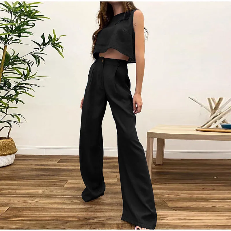 2-piece crop pullover and high-waist wide-legged trousers