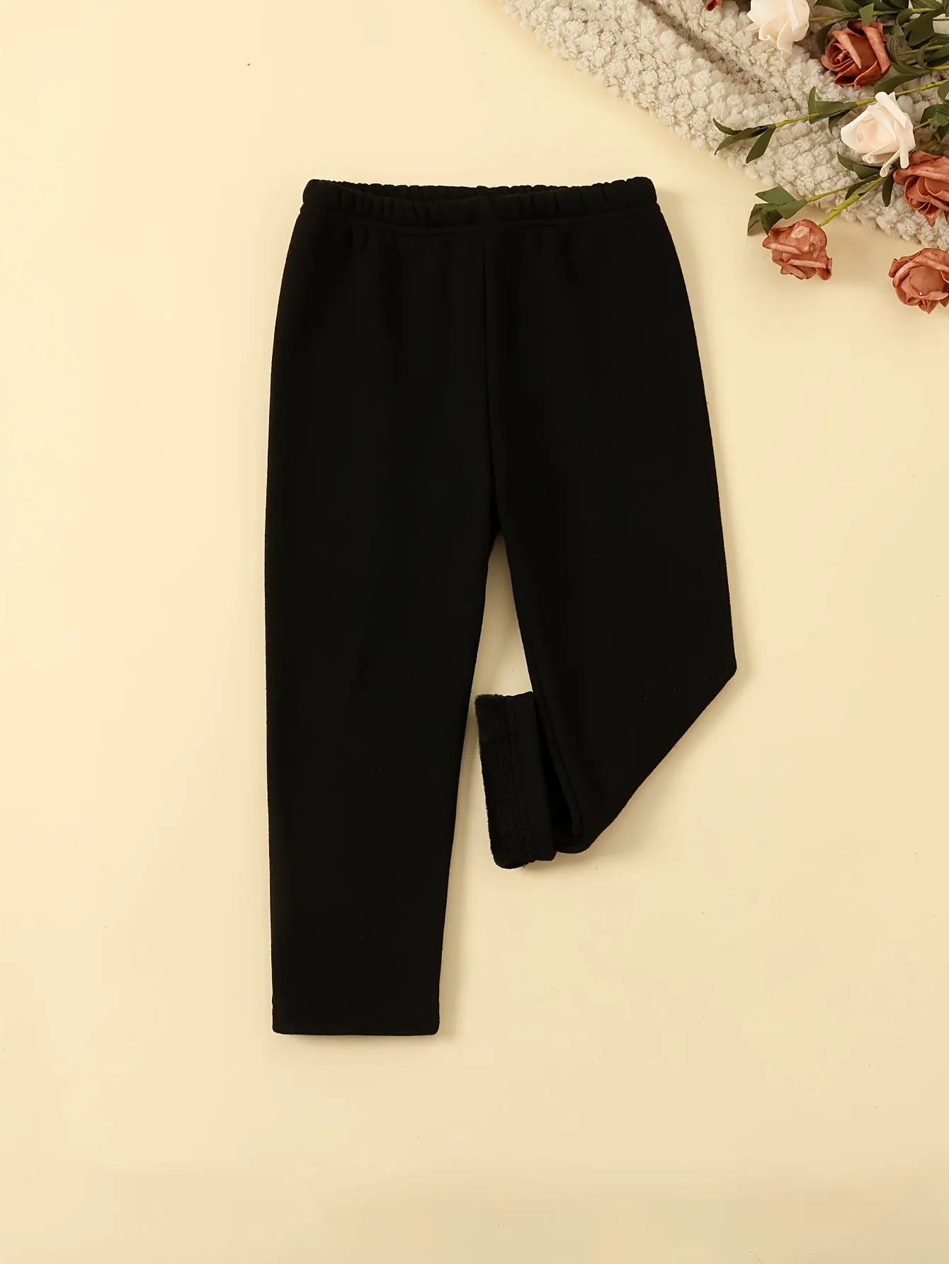 6 Pcs Girls Warm & Thermal & Versatile Solid Colored Fleece Lined Trousers Set For Fall & Winter