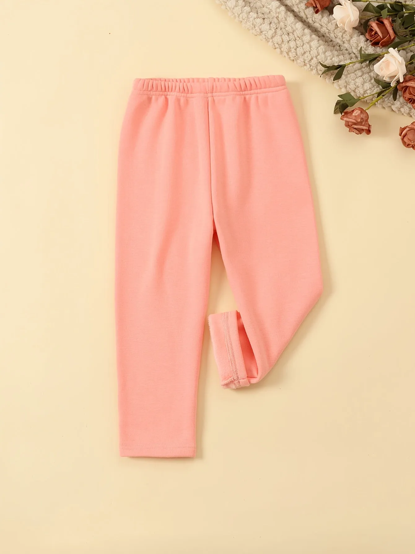 6 Pcs Girls Warm & Thermal & Versatile Solid Colored Fleece Lined Trousers Set For Fall & Winter