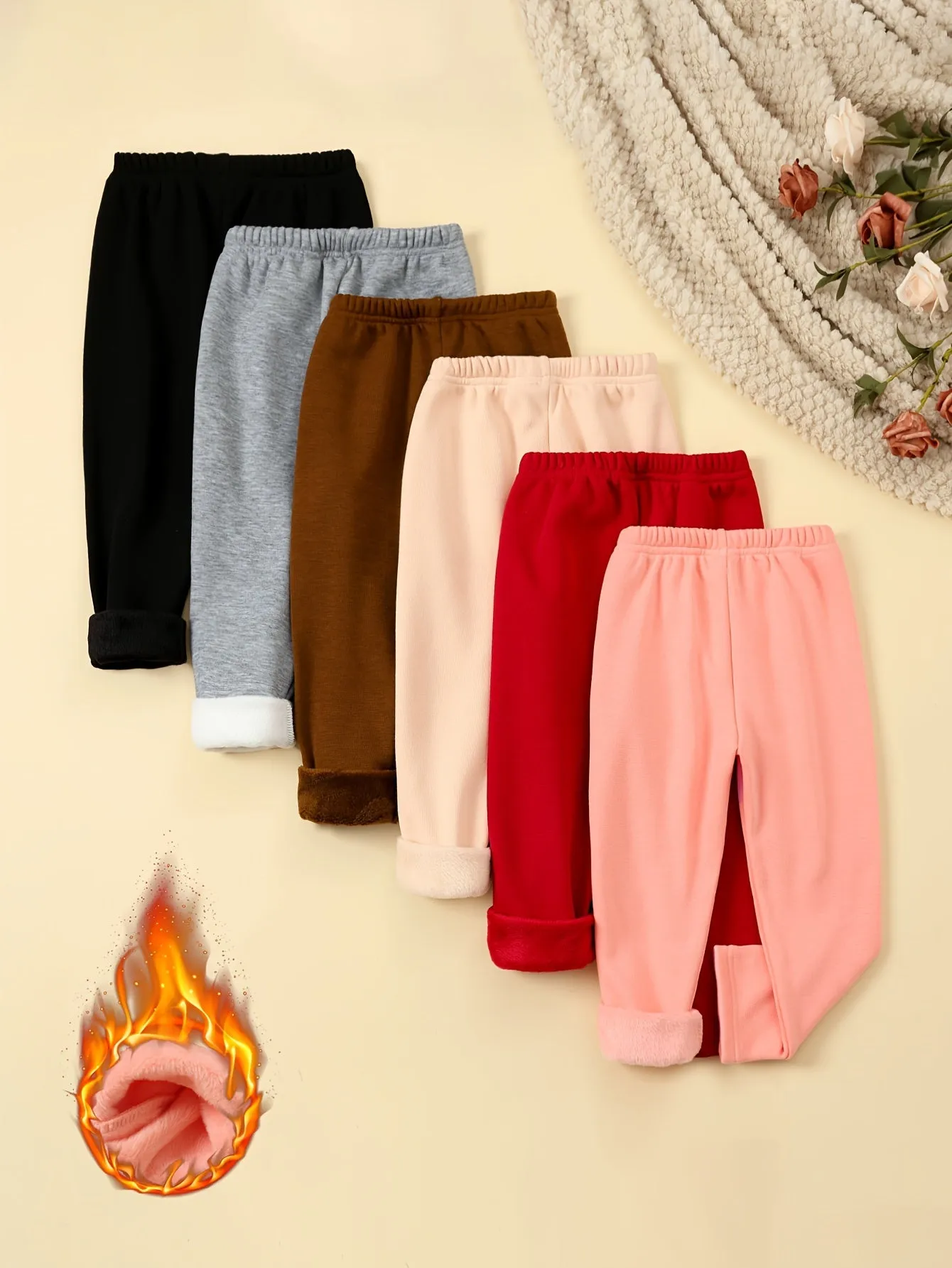 6 Pcs Girls Warm & Thermal & Versatile Solid Colored Fleece Lined Trousers Set For Fall & Winter