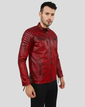 Asher Distressed Red Quilted Racer Leather Jacket