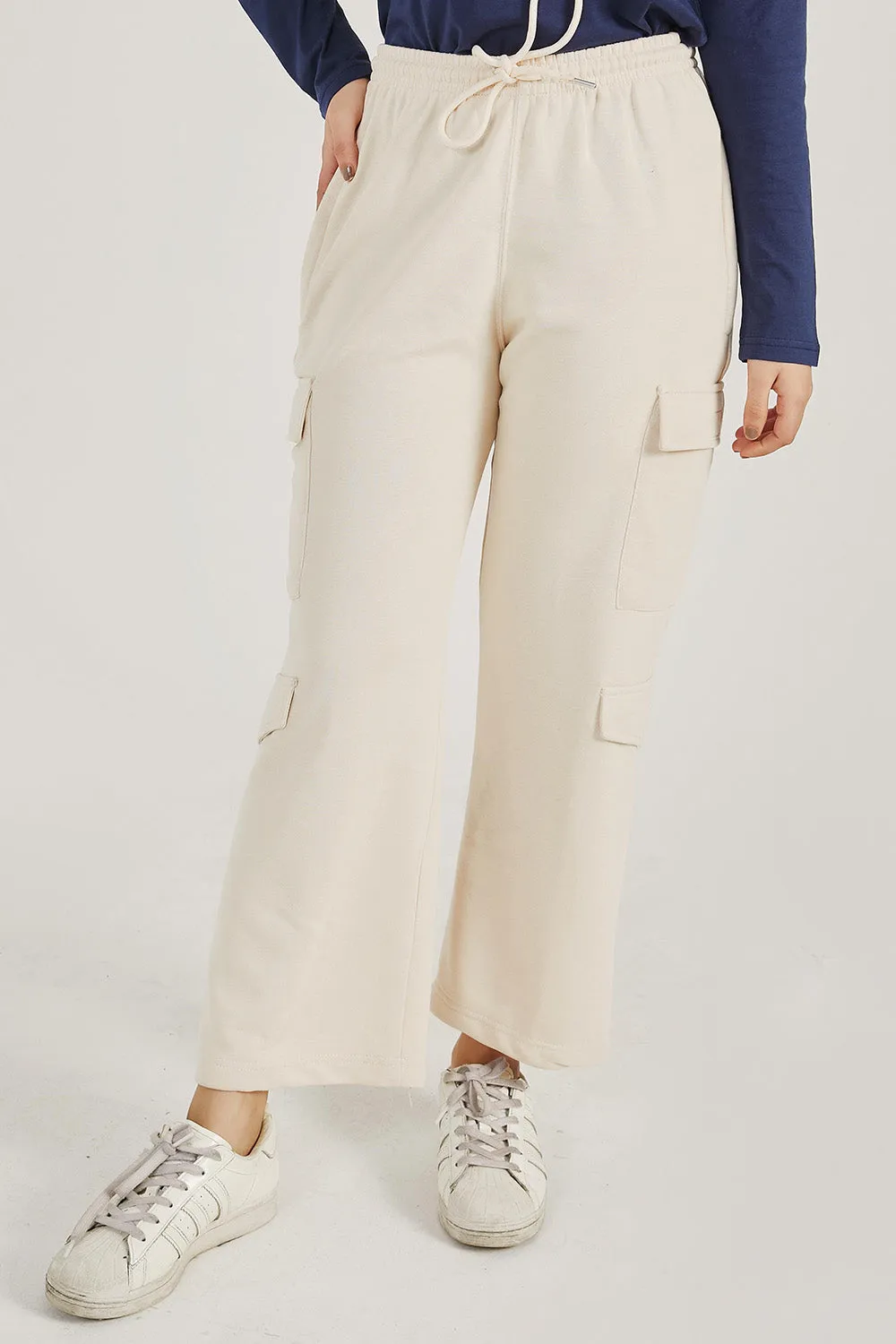 Beige Wide Legged Cargo Trousers - W