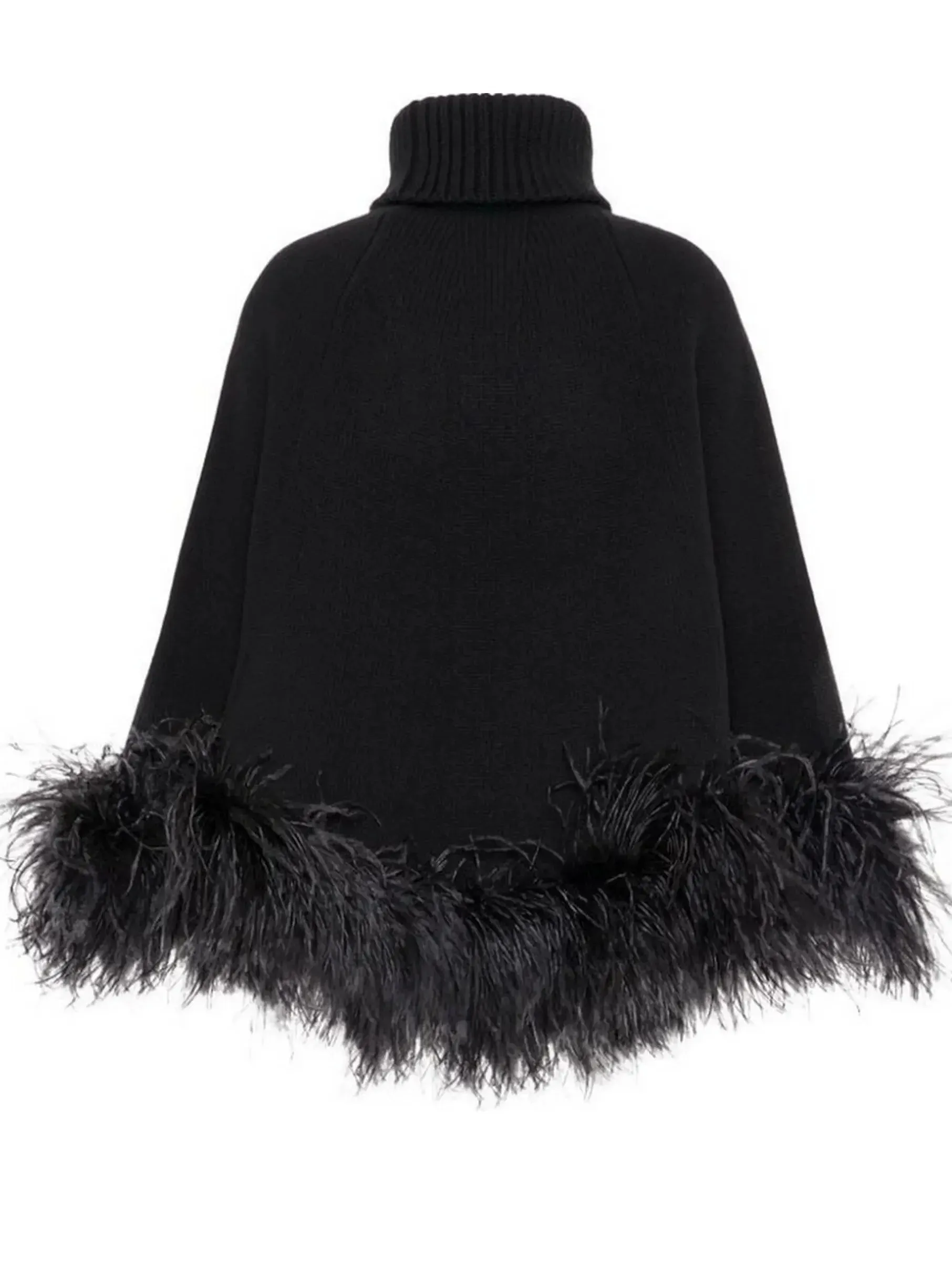 Black Feather-Trim Turtleneck Poncho Sweater