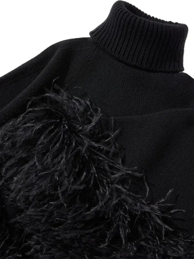 Black Feather-Trim Turtleneck Poncho Sweater