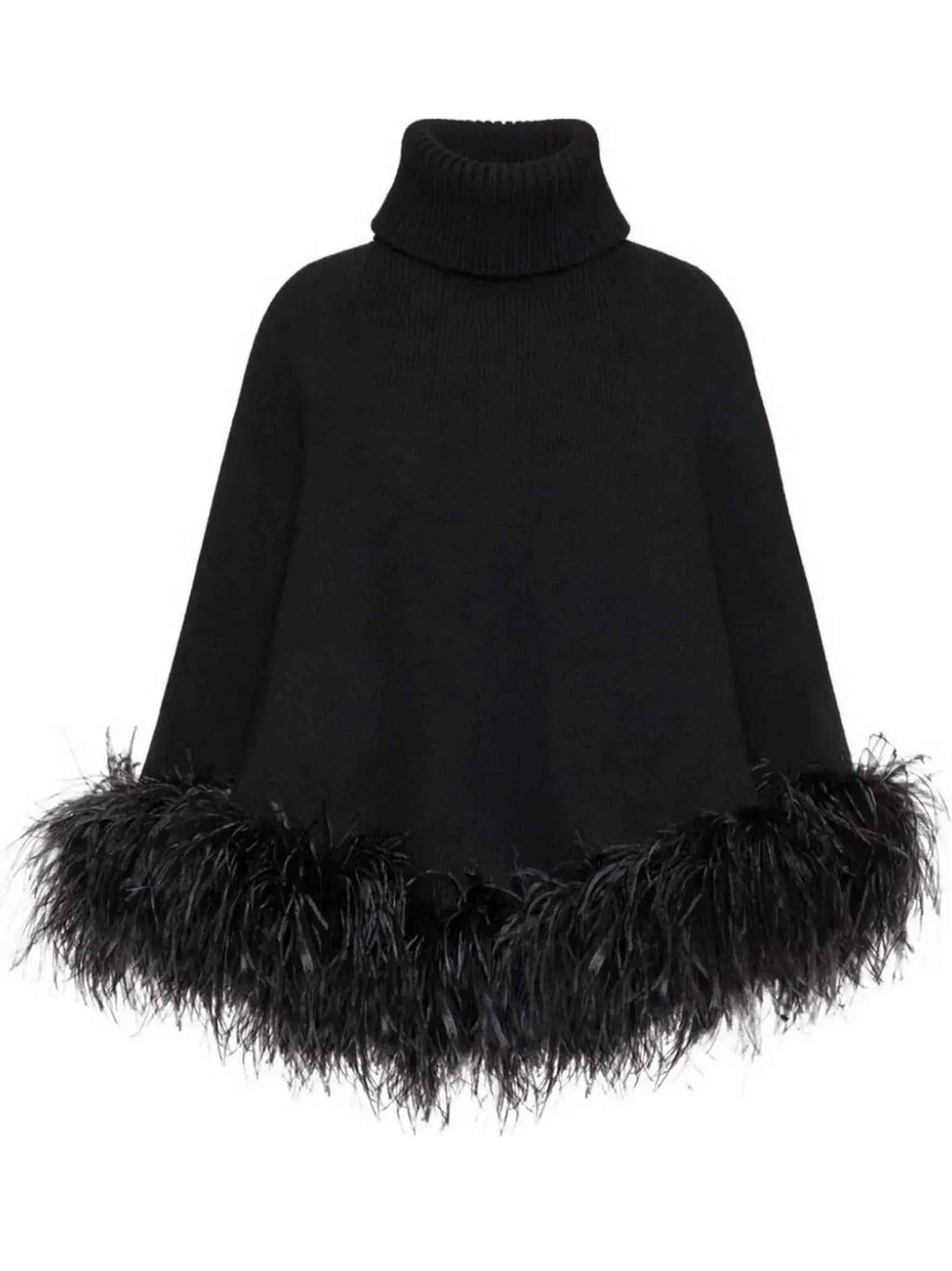 Black Feather-Trim Turtleneck Poncho Sweater