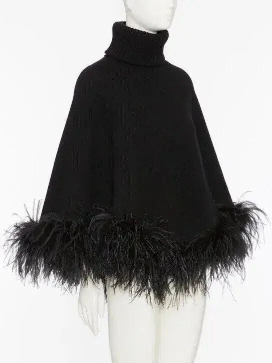 Black Feather-Trim Turtleneck Poncho Sweater