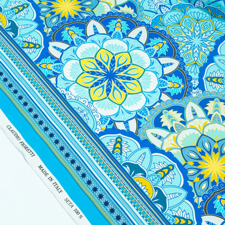 Blue & Yellow Geometric Floral Printed Silk Crêpe