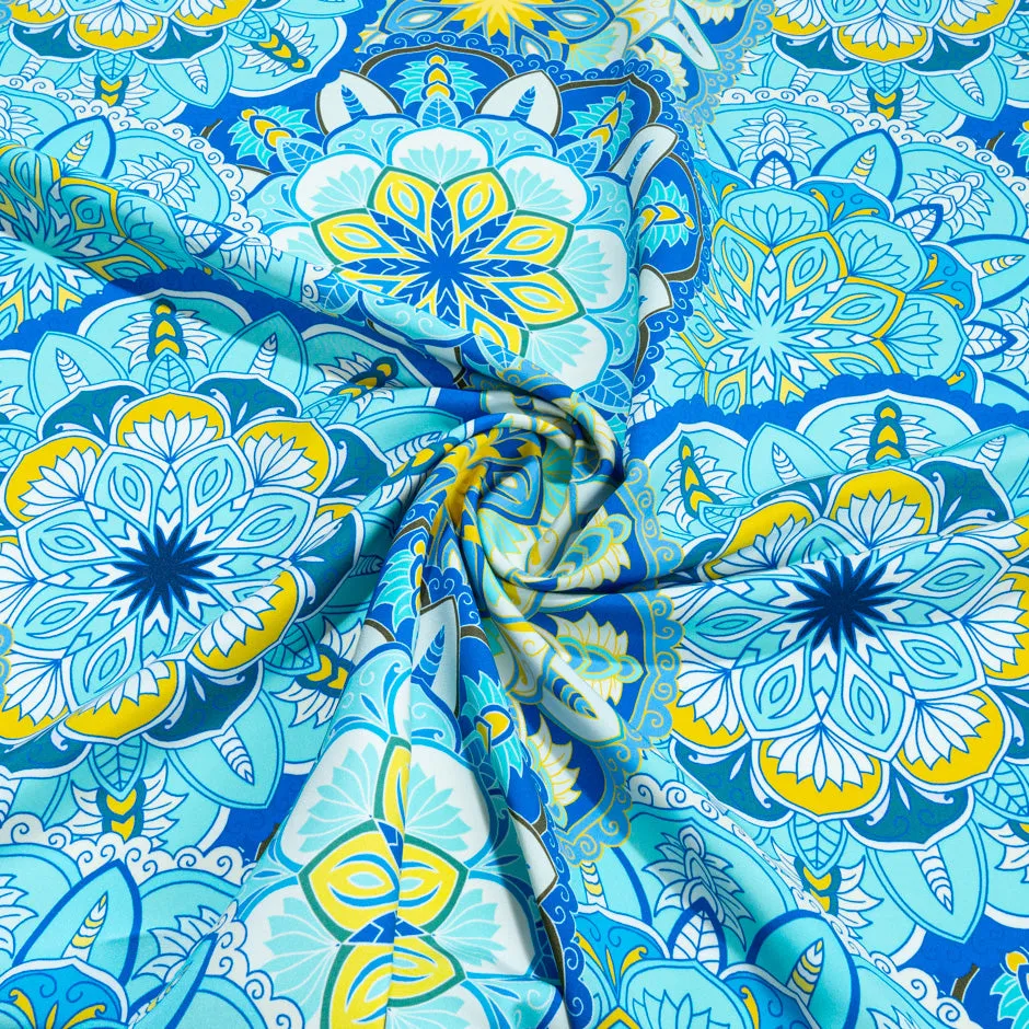 Blue & Yellow Geometric Floral Printed Silk Crêpe