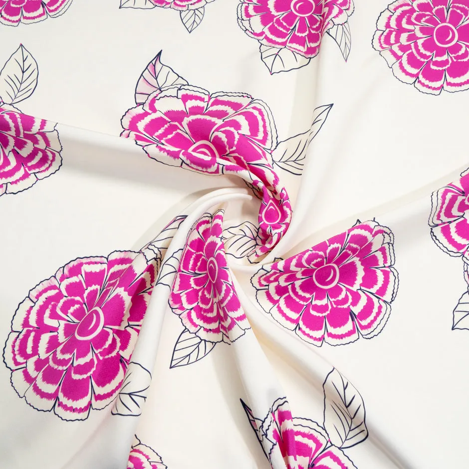 Cerise Pink Floral Printed Ivory Silk Marocain Crêpe