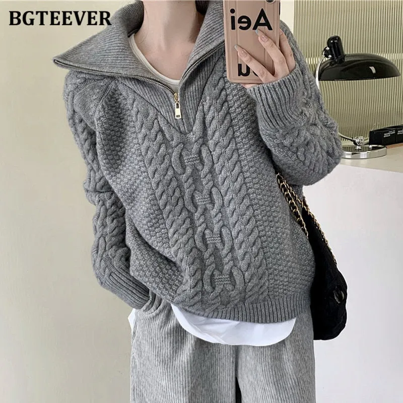 Christmas Gift Joskaa Vintage Turtleneck Zippers Women Knitted Sweater Long Sleeve Loose Thicken Twisted Female Pullovers Sweaters Winter