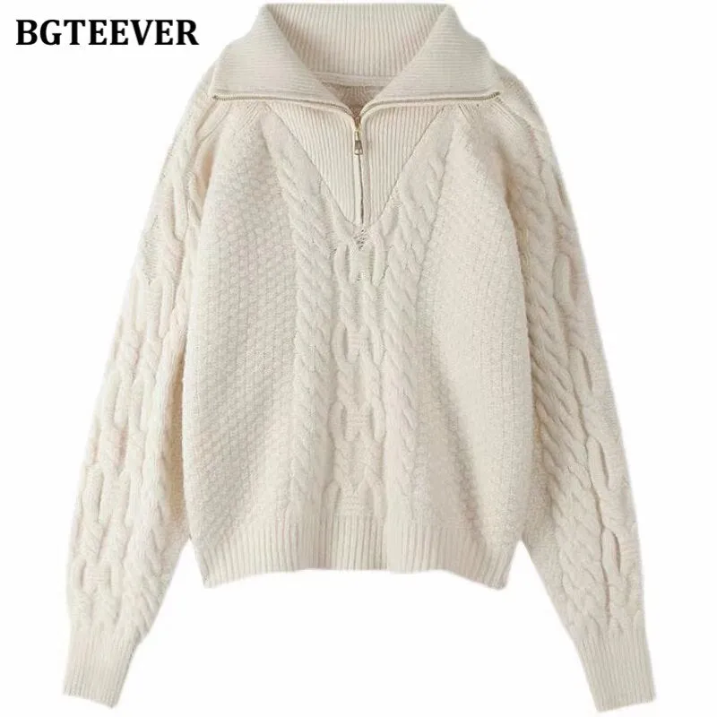 Christmas Gift Joskaa Vintage Turtleneck Zippers Women Knitted Sweater Long Sleeve Loose Thicken Twisted Female Pullovers Sweaters Winter