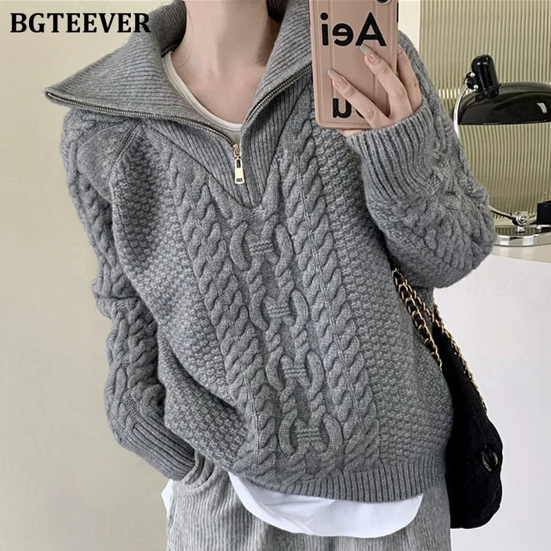 Christmas Gift Joskaa Vintage Turtleneck Zippers Women Knitted Sweater Long Sleeve Loose Thicken Twisted Female Pullovers Sweaters Winter