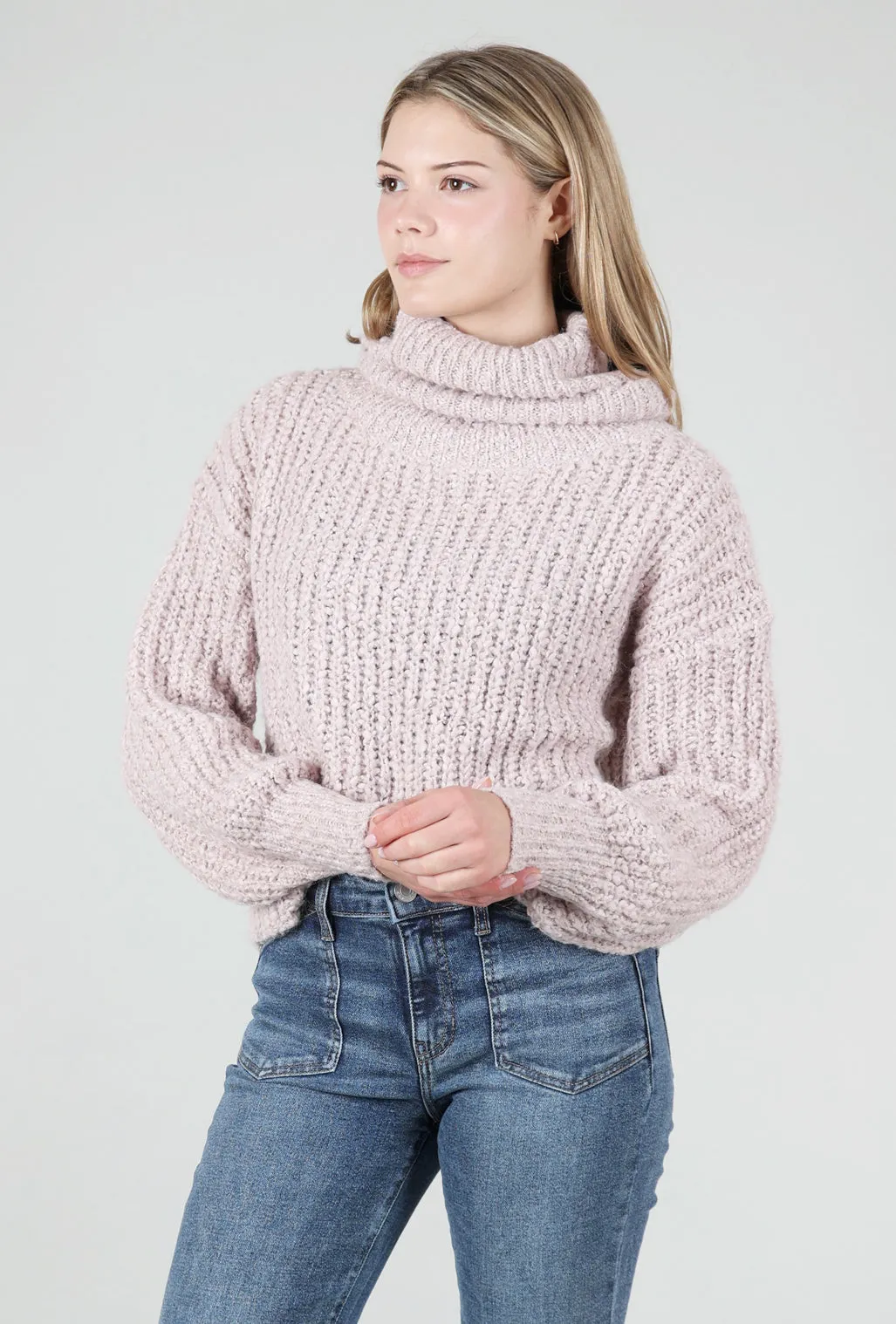 Cropped Chunky Knit Sweater, Pink Vanilla