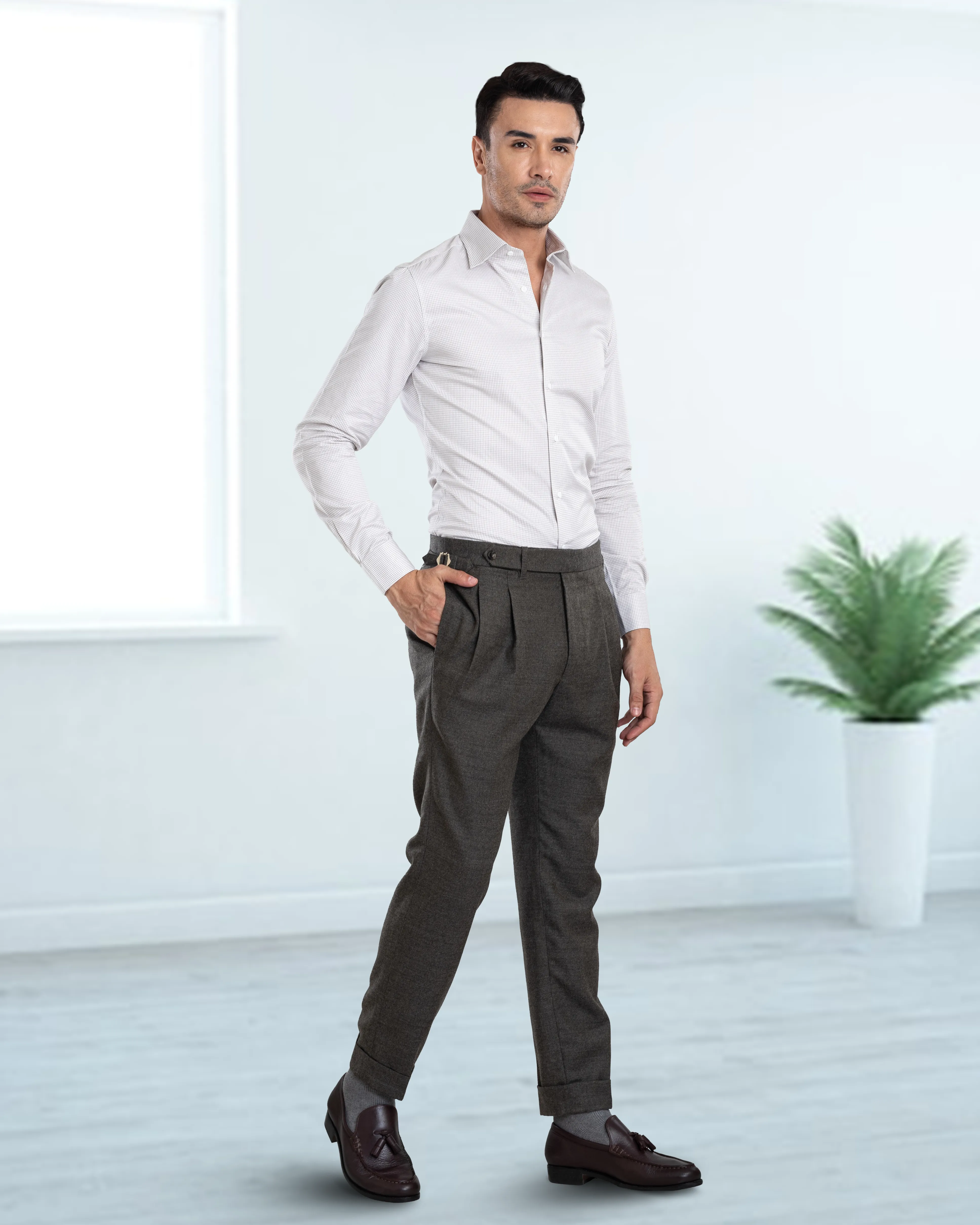 Dugdale Olive Grey Wool Flannel Dress Pant