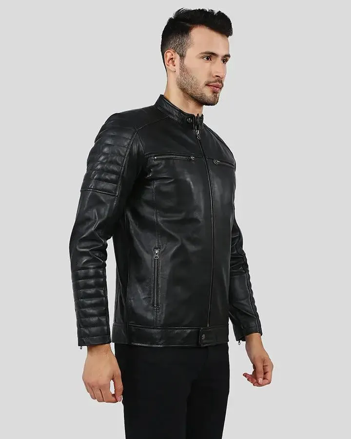 Enzo Black Slim Fit Leather Racer Jacket