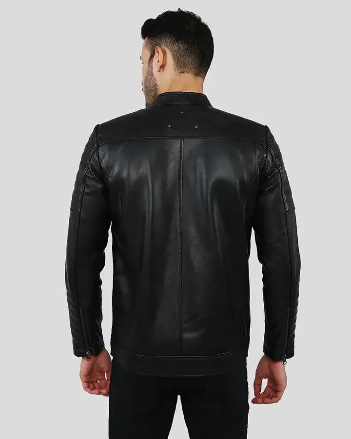 Enzo Black Slim Fit Leather Racer Jacket