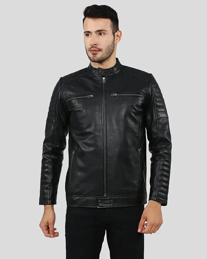 Enzo Black Slim Fit Leather Racer Jacket