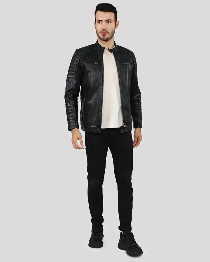 Enzo Black Slim Fit Leather Racer Jacket