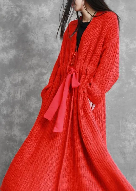 fine red woolen coats Loose fitting v neck drawstring long jackets women coats