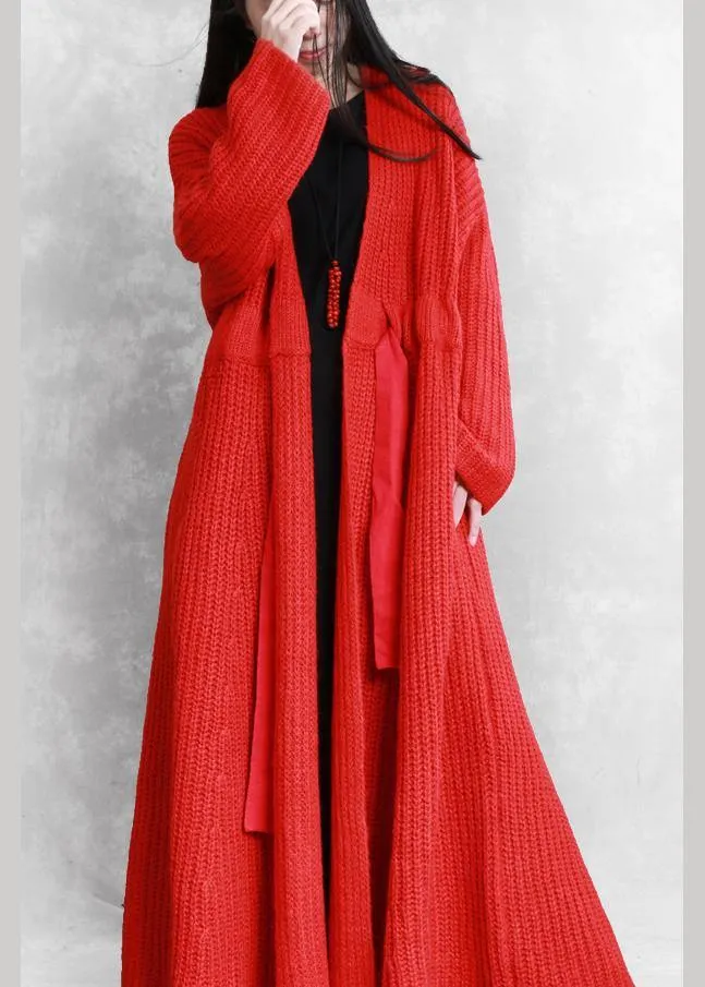 fine red woolen coats Loose fitting v neck drawstring long jackets women coats