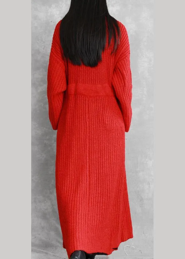 fine red woolen coats Loose fitting v neck drawstring long jackets women coats