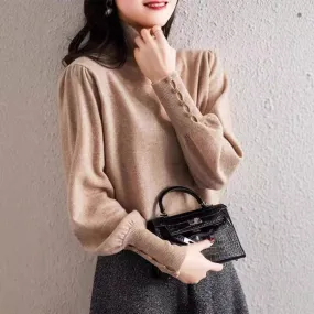 French Style Retro Minority Lantern Sleeve Turtleneck Sweater