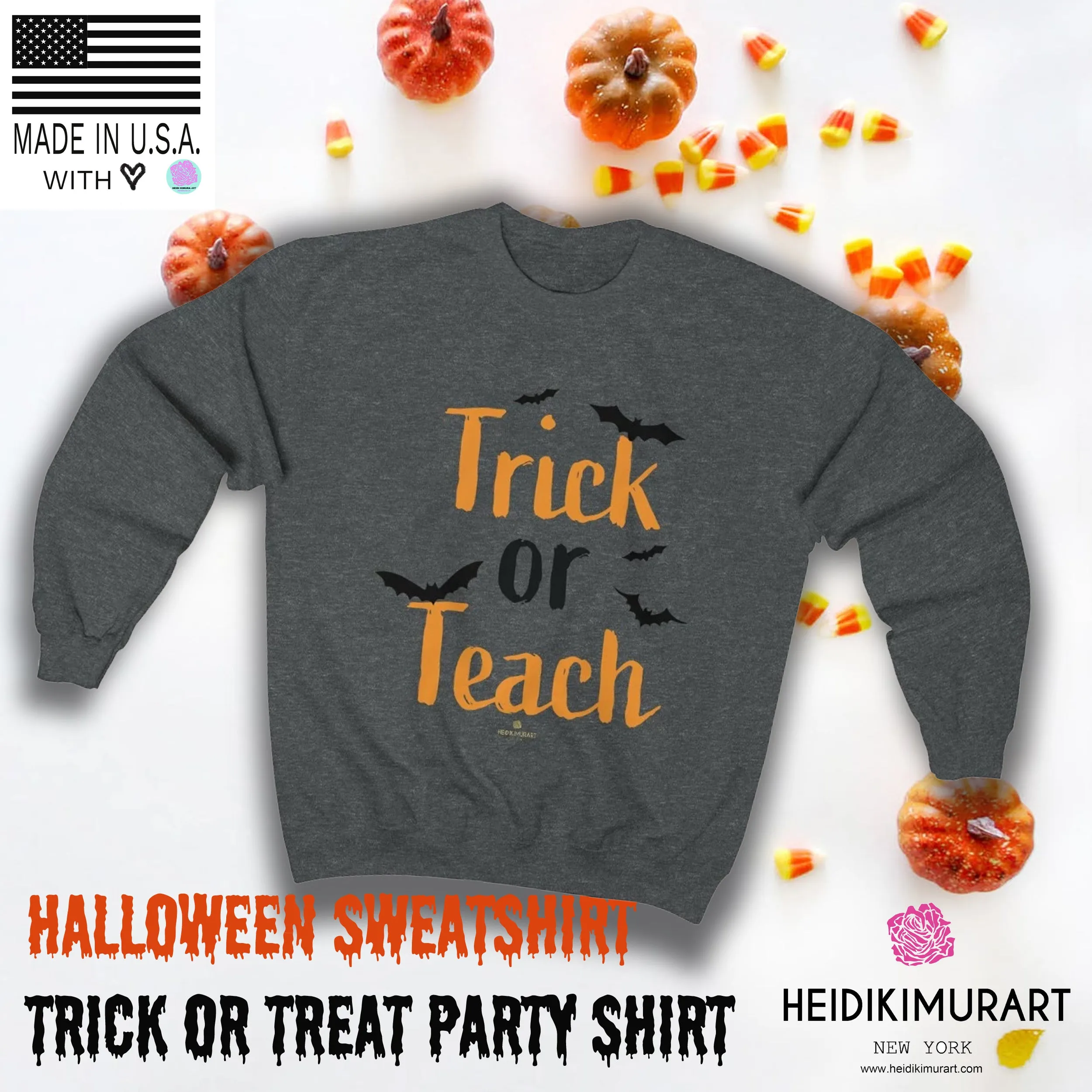 Fun Trick or Teach Bats Print Unisex Crewneck Sweatshirt For Teachers -Made in USA