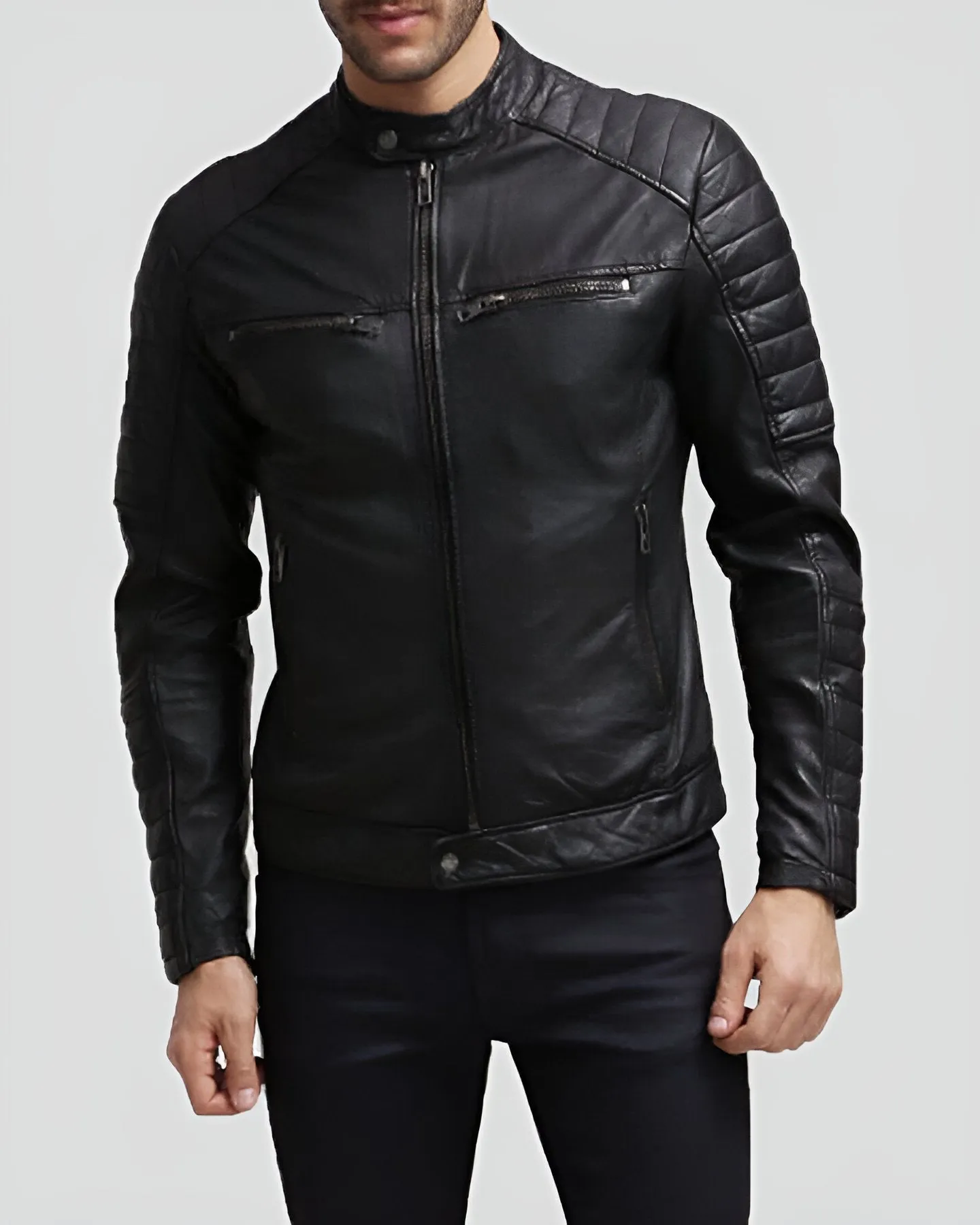 Grant Black Slim Fit Leather Racer Jacket