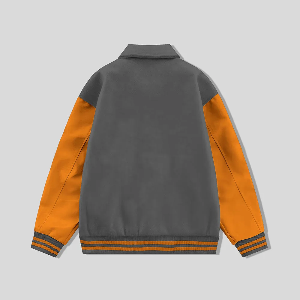 Gray Byron Collar Wool & Leather Varsity Jacket Orange Sleeves - Jack N Hoods