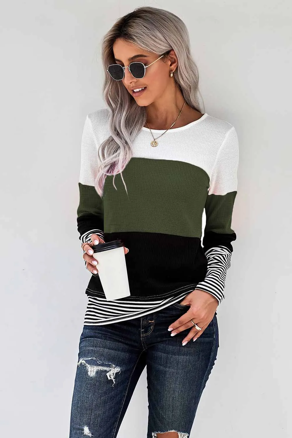 Green Stylish Colorblock Splicing Stripes Long Sleeve Top