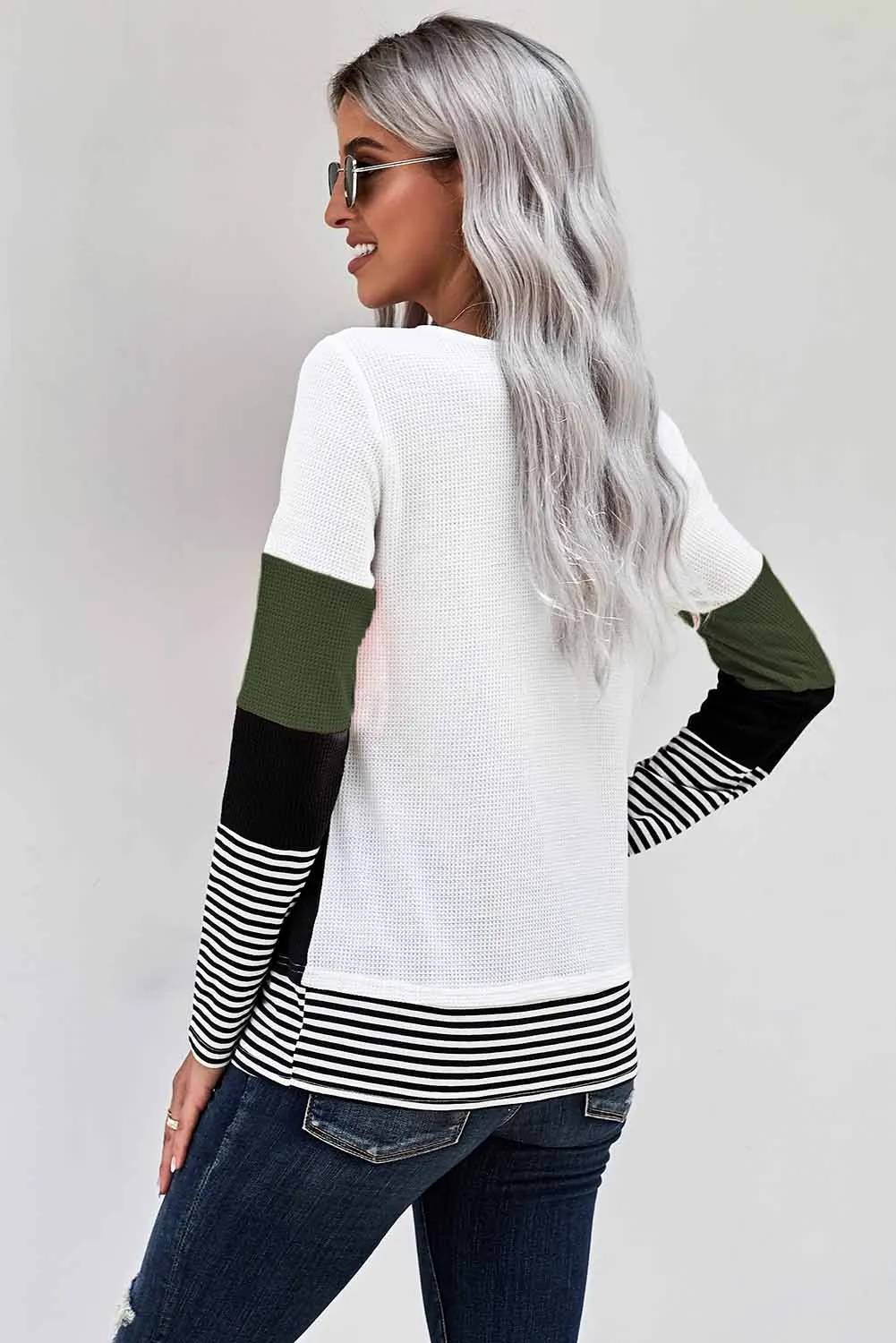 Green Stylish Colorblock Splicing Stripes Long Sleeve Top