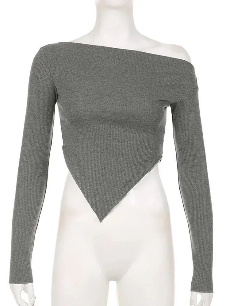 Grey Knitted Asymmetrical Collar Crop Long Sleeve Tee