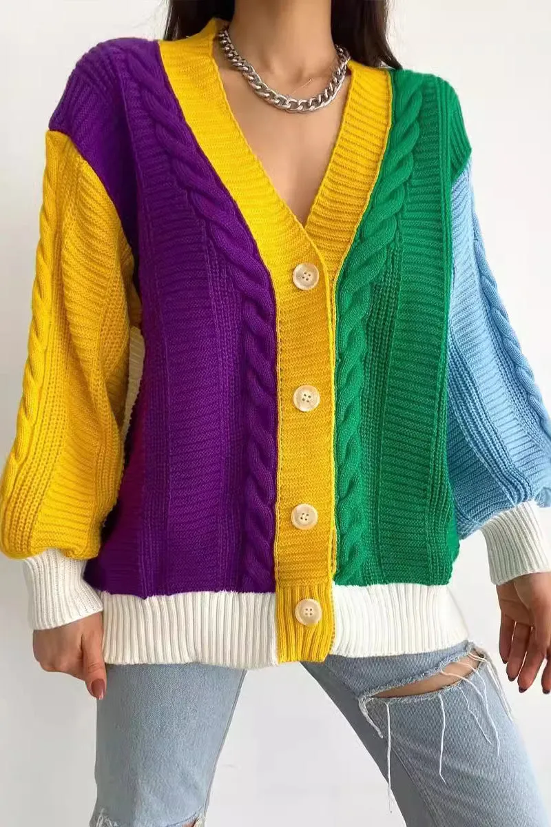 HWS1089 Bold Colorblock Knit Cardigan