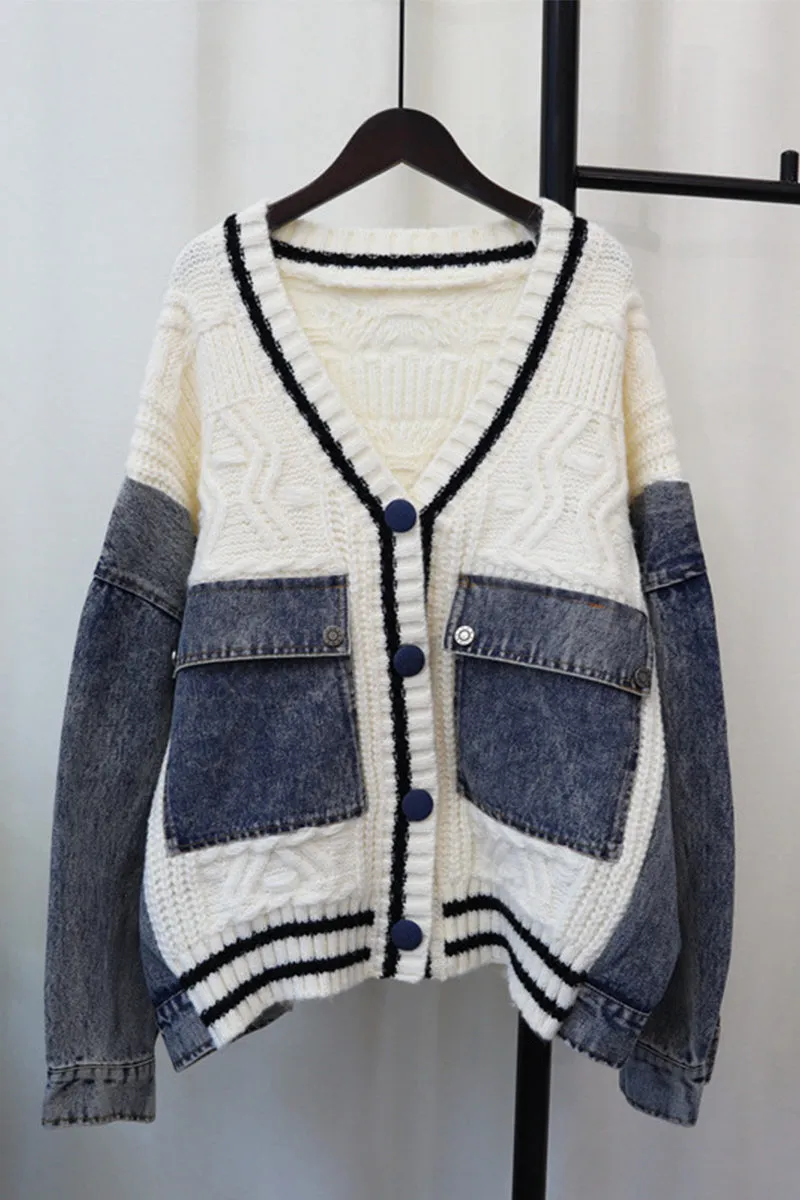 HWS1194 Denim Patchwork Knit Cardigan