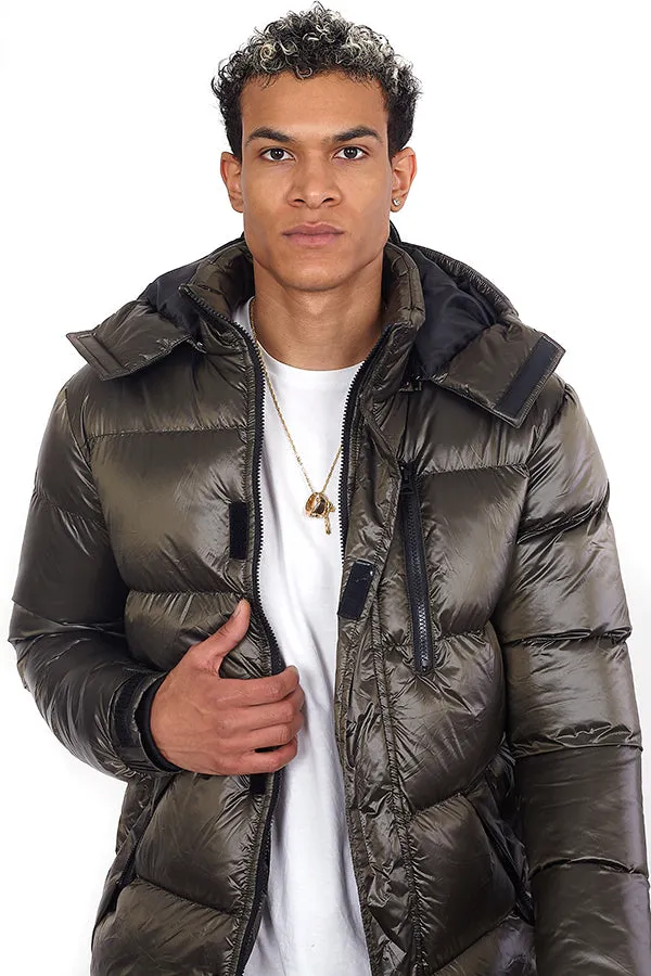 KHAKI LONGLINE FUNNEL NECK REMOVABLE HOOD PADDED JACKET