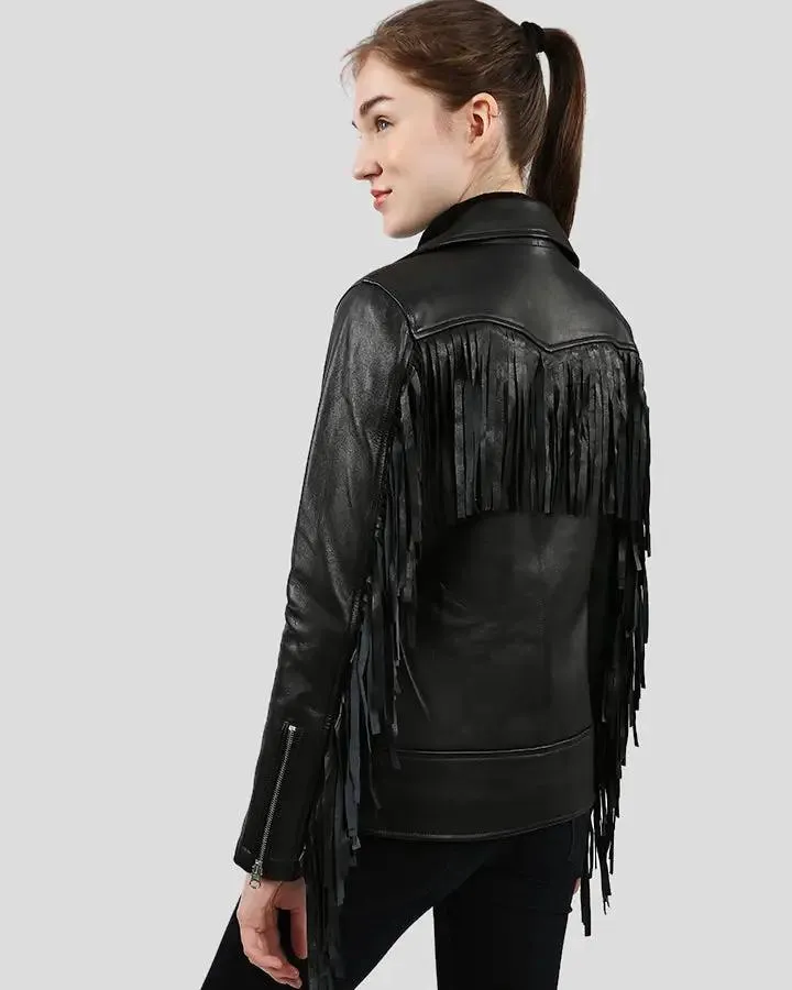 Kiana Black Biker Fringes Leather Jacket