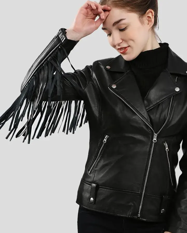 Kiana Black Biker Fringes Leather Jacket