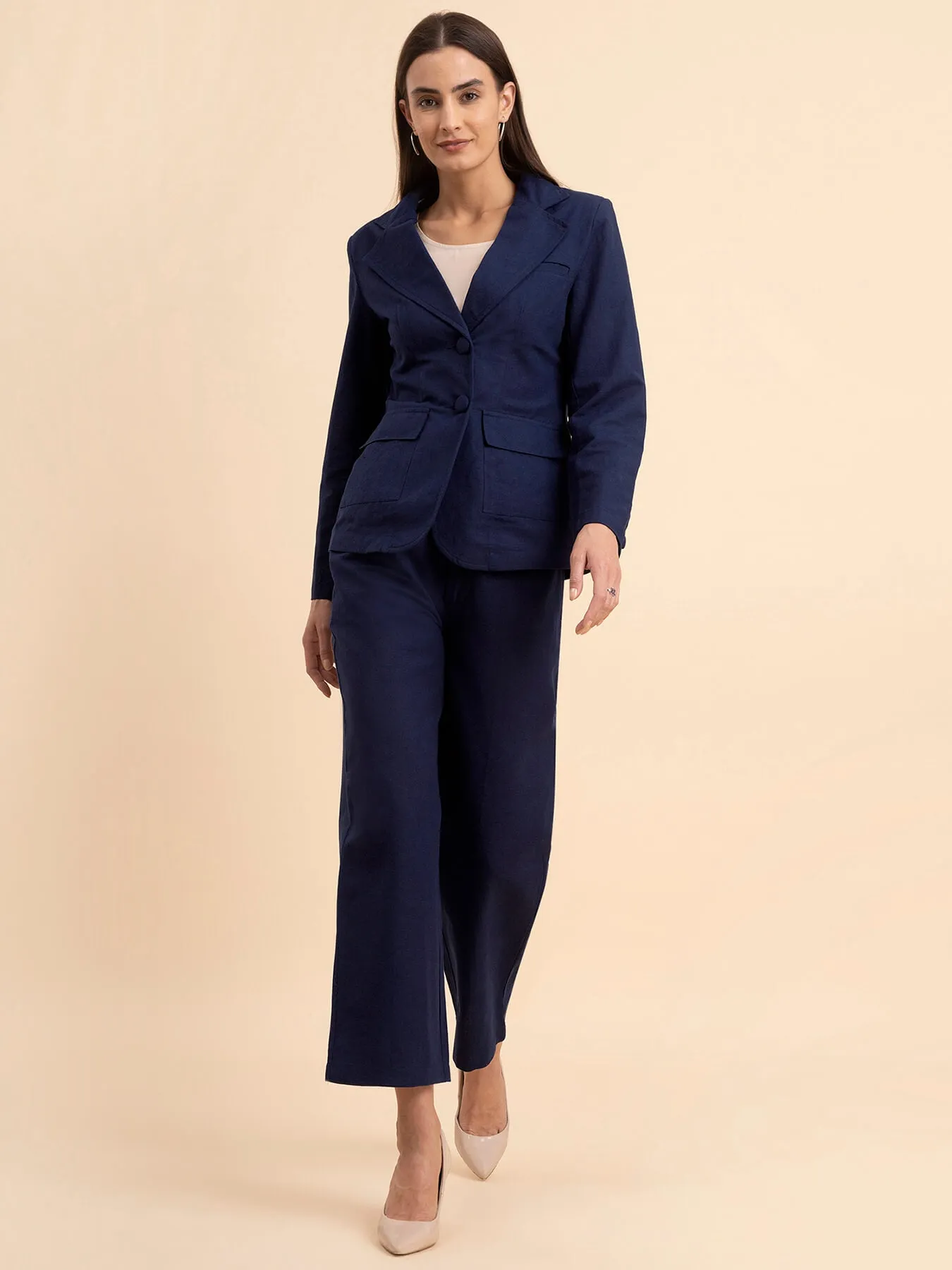 Linen Blazer and Trousers Co-ord - Navy Blue