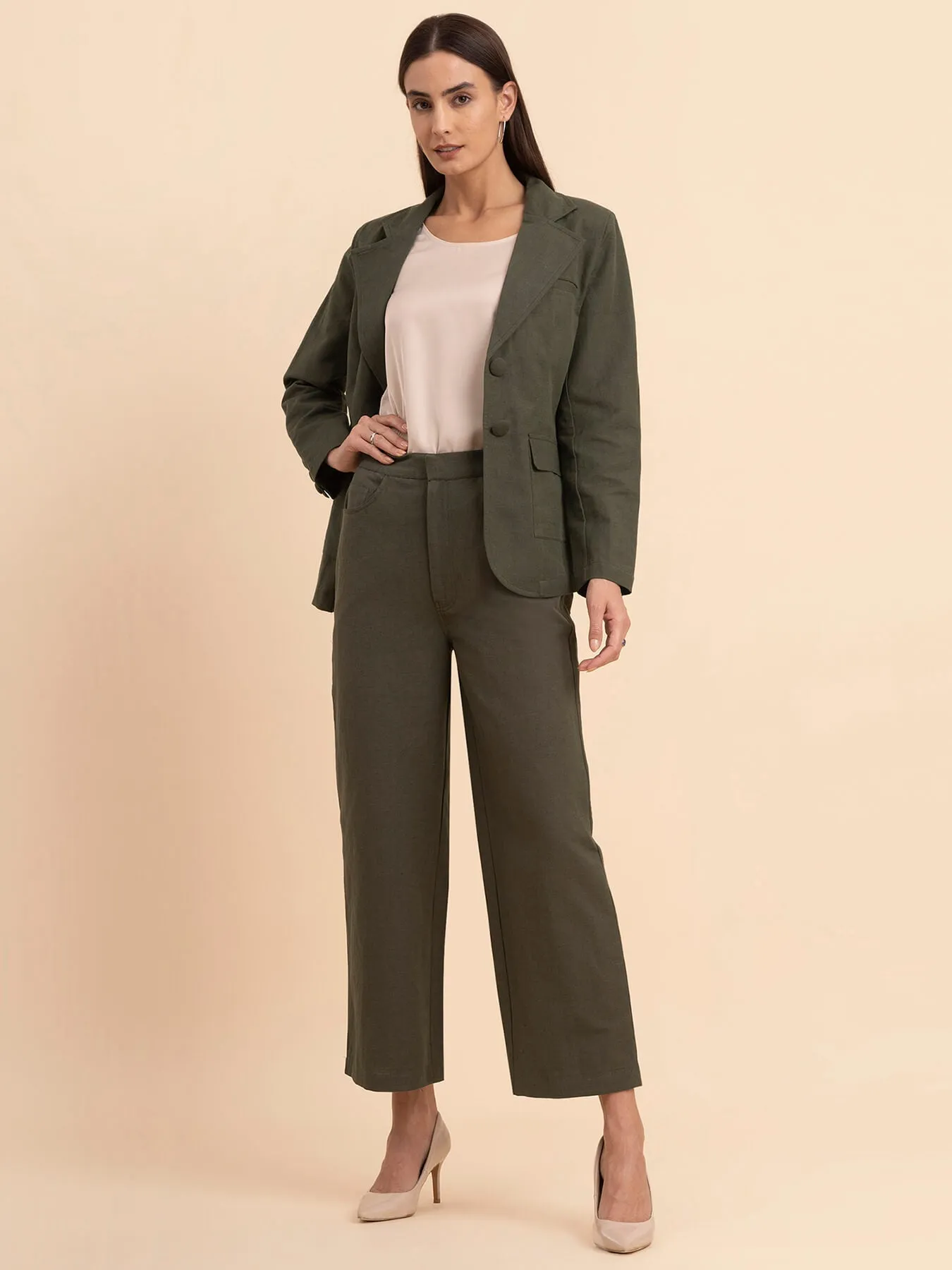 Linen Blazer and Trousers Co-ord - Olive