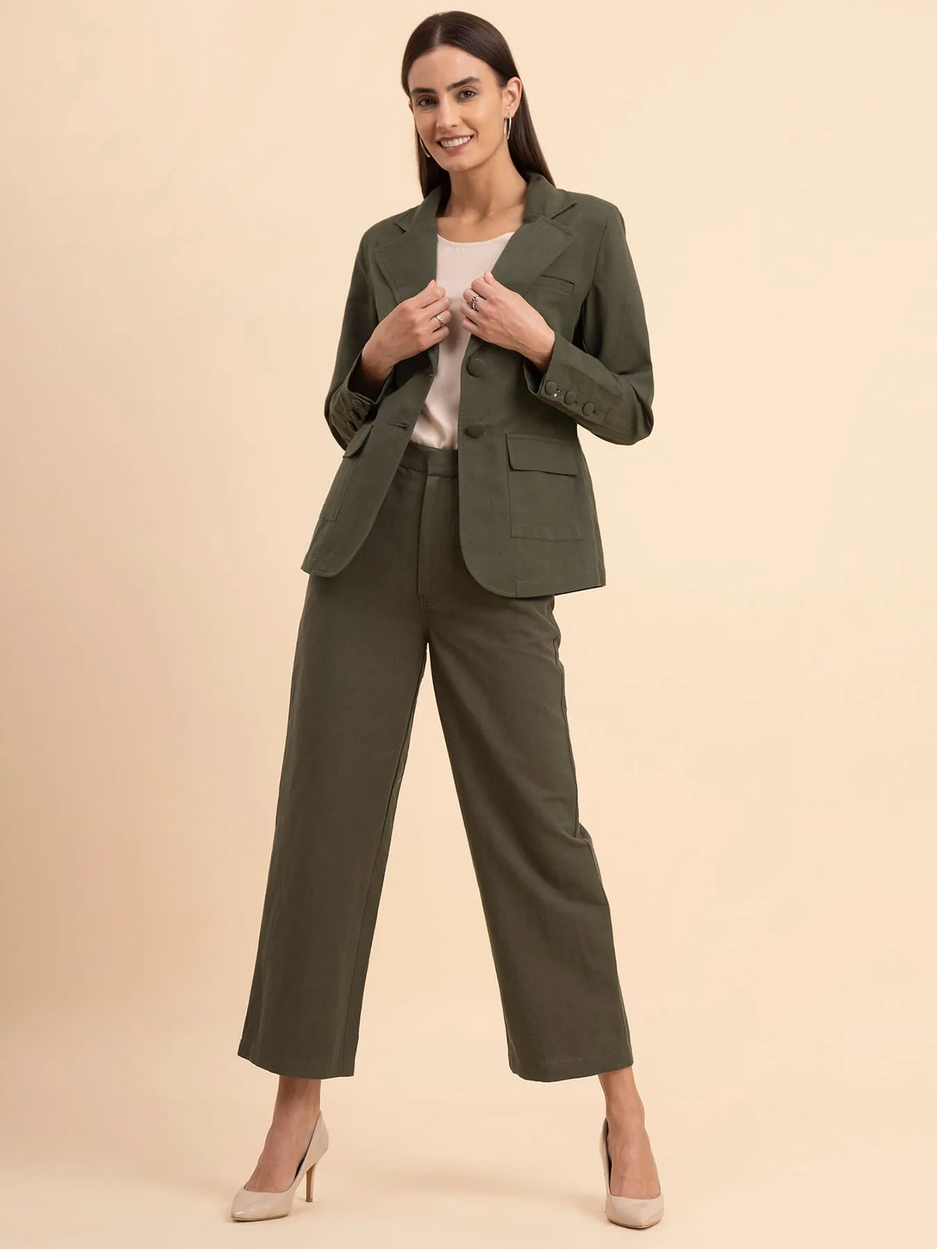 Linen Blazer and Trousers Co-ord - Olive