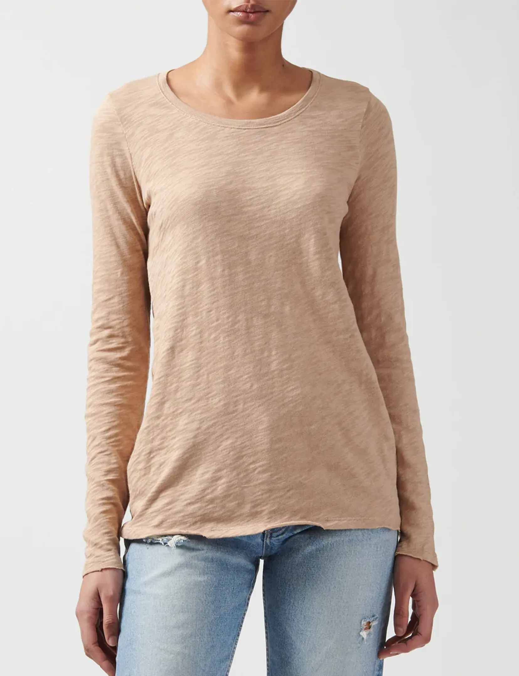 Long Sleeve Destroyed Wash Crew, Camel