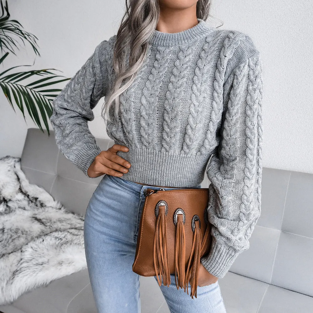 Maggie - Women's Grey Patterned Short Sweater