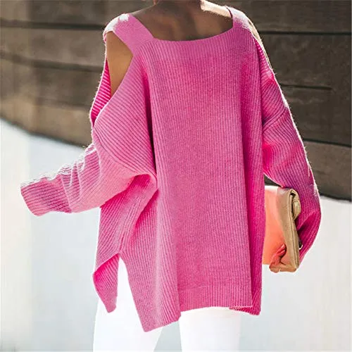 MaQiYa Women's Cold Shoulder Oversized Sweaters Batwing Long Sleeve Square Neck Chunky Knit Fall Tunic Sweater Tops Pink