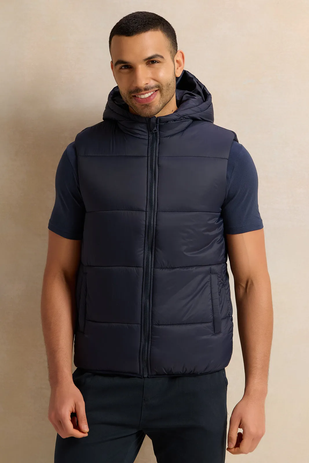 Men Navy Sleeveless Puffer Jacket