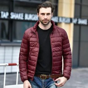 Men Red Maroon Rib Quilted Down Jacket