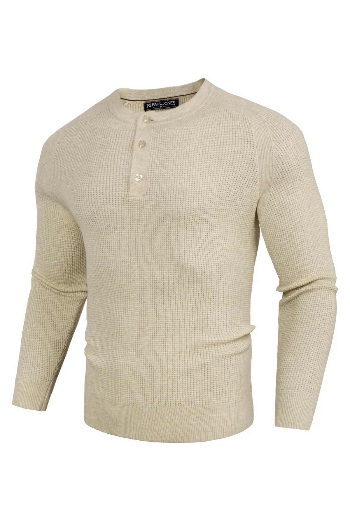 Men Waffle Textured Sweater Long Raglan Sleeve Henley Neck Knitwear Tops