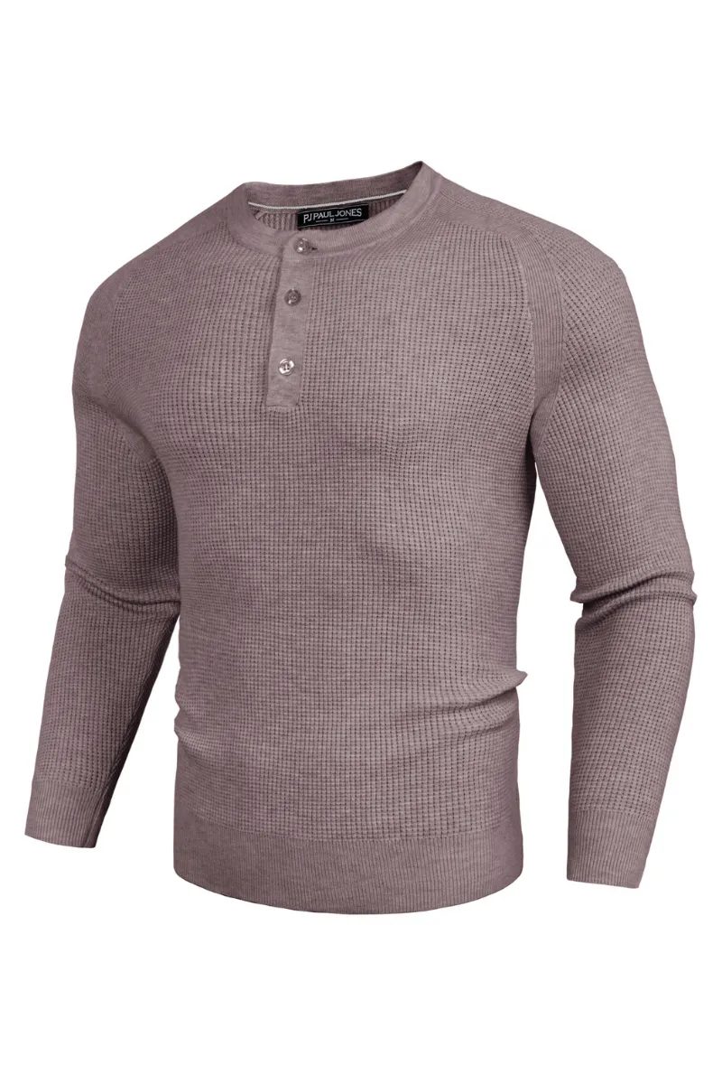 Men Waffle Textured Sweater Long Raglan Sleeve Henley Neck Knitwear Tops