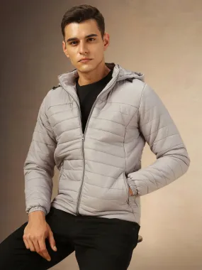 Men's Grey Solid Full Sleeves Hooded Jacket