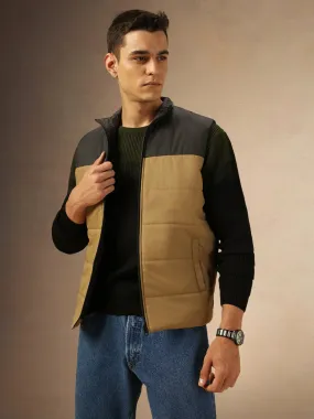 Men's Khaki Mock Neck Regular Fit Colorblocked Gilet Jacket