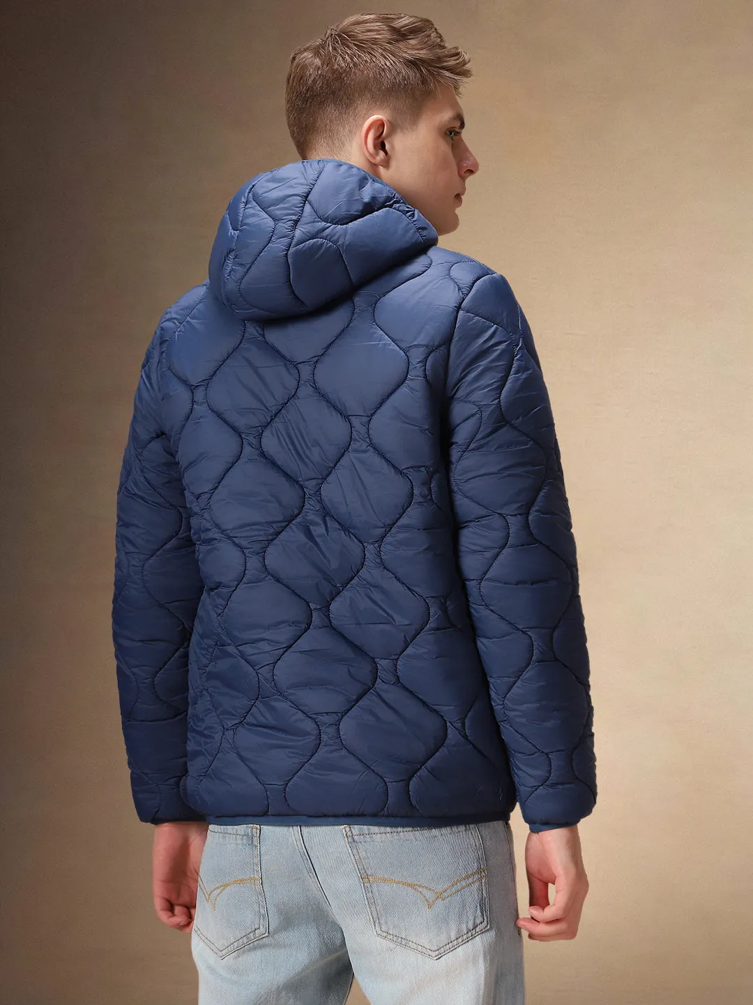 Men's Solid Navy Quilted Full Sleeves Hooded Puffer Jacket